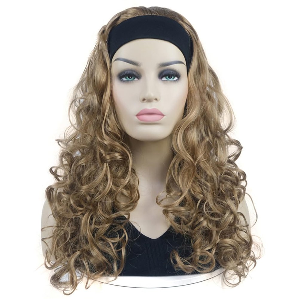 Wjnvfioo Long Brown Highlights Curly Band Wig 15 Glonden 22inches