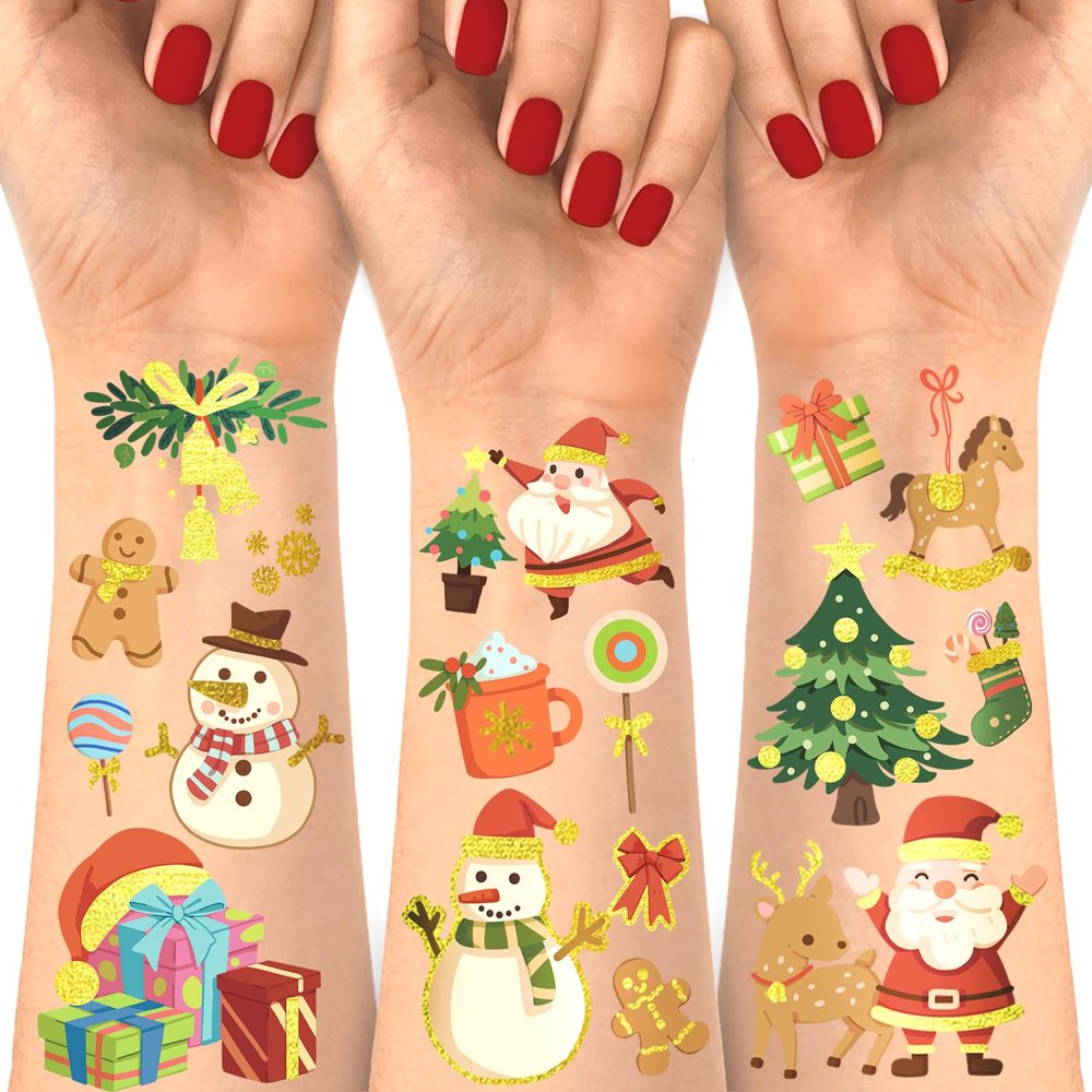 118PCS Christmas Temporary Tattoos for Kids Boy Girls Santa Claus Rudolph Tree Snowman Hat Stocking Fake Tattoo Sticker Party Favors Stocking Stuffer Party Gift