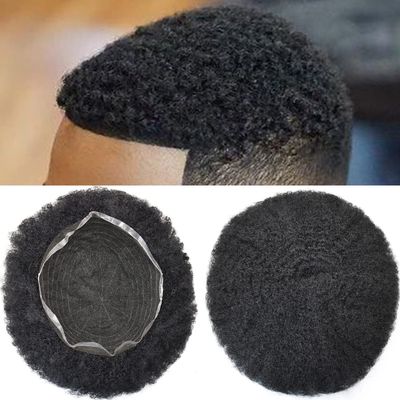Afro Curl Toupee For Black Men 8X10 Hair System Replacement Full French Lace Kinky Curly Human Hair Unit African American Mens Wig Hair Unit Natural Afro Wavy (Afro Wavy 8mm, #1B Off Black)