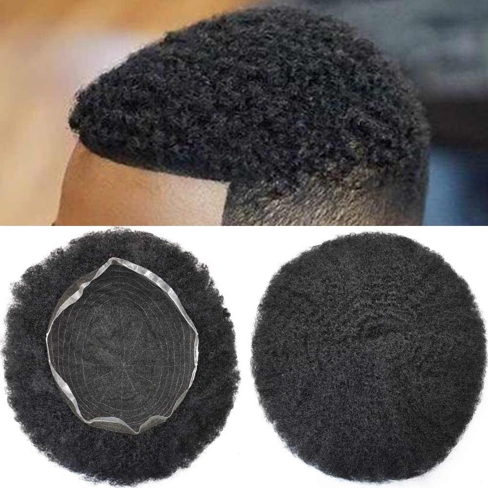 Afro Curl Toupee For Black Men 8X10 Hair System Replacement Full French Lace Kinky Curly Human Hair Unit African American Mens Wig Hair Unit Natural Afro Wavy (Afro Wavy 8mm, #1B Off Black)