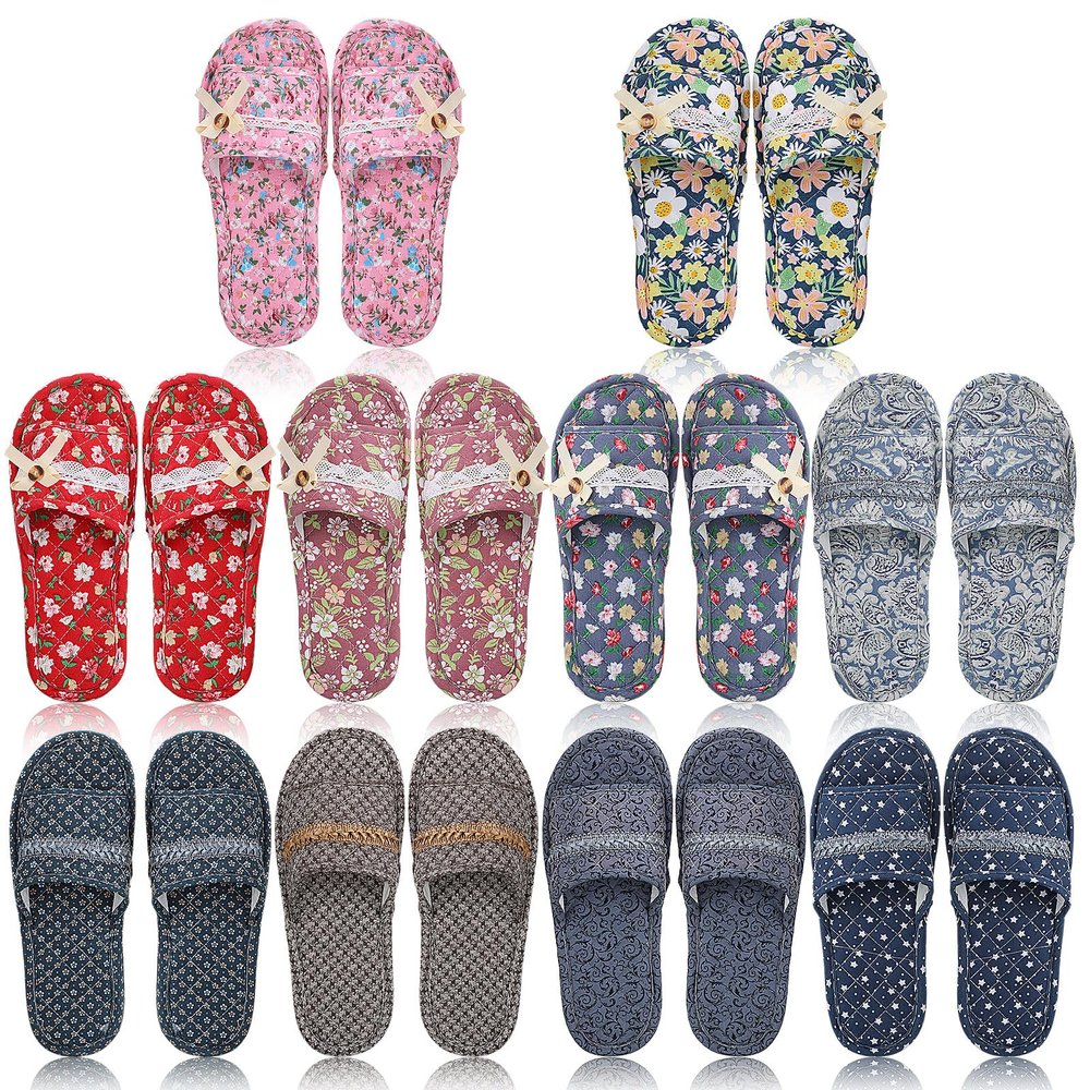 Chuarry 10 Pairs Floral Cotton House Slippers for Guest Women Washable Indoor Cotton Slippers Comfortable Soft Open Toe Slipper Portable Foldable Slipper for Hotel Travel Airplane Spa, 2 Sizes