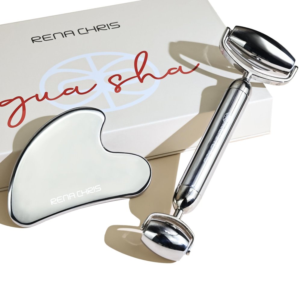Rena Chris Gua Sha and Face Roller Set: Anti-Breakage Stainless Steel Roller for Long-Lasting Use, Jawline Sculpting and Puffiness Reducing, Gua Sha Facial Tools for Self Care Gift (Silver)