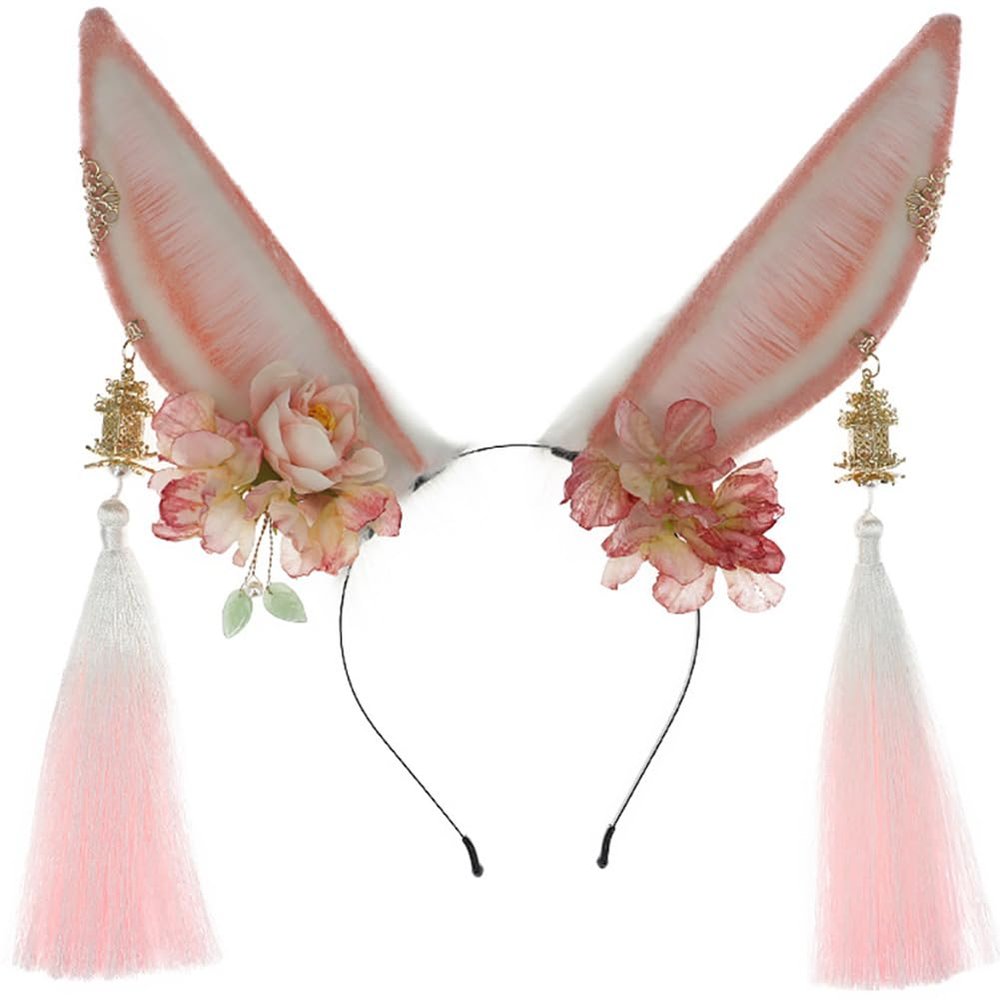 LJJCSFF Furry Bunny Rabbit Cat Ears Headband Handmade Animal Fur Ears Halloween Cosplay Fox Wolf Flower Cat Ears Headband Lolita Tassel Cosplay Costume