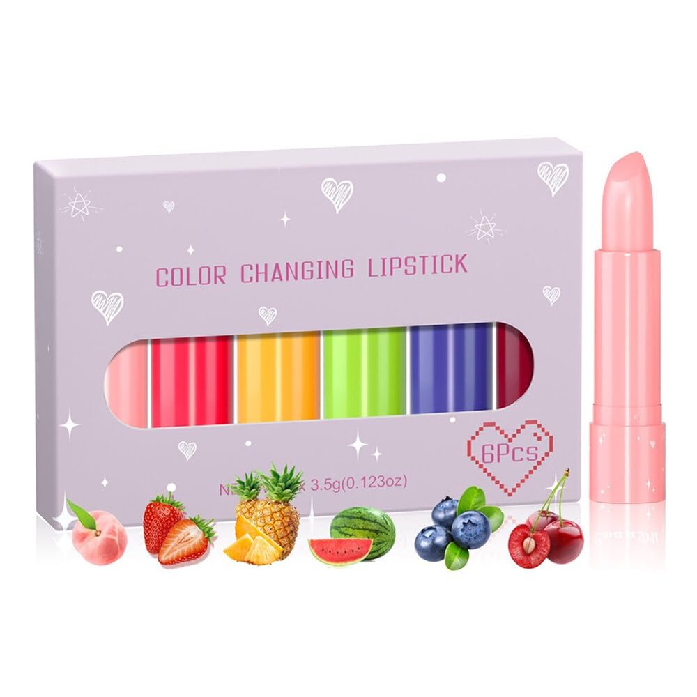 6PCS Fruit Lip Balm Set, Fruit Flavored Color Changing Lipstick Tinted Lip Balm Lip Care for Women Girls, 3.5g/0.123oz