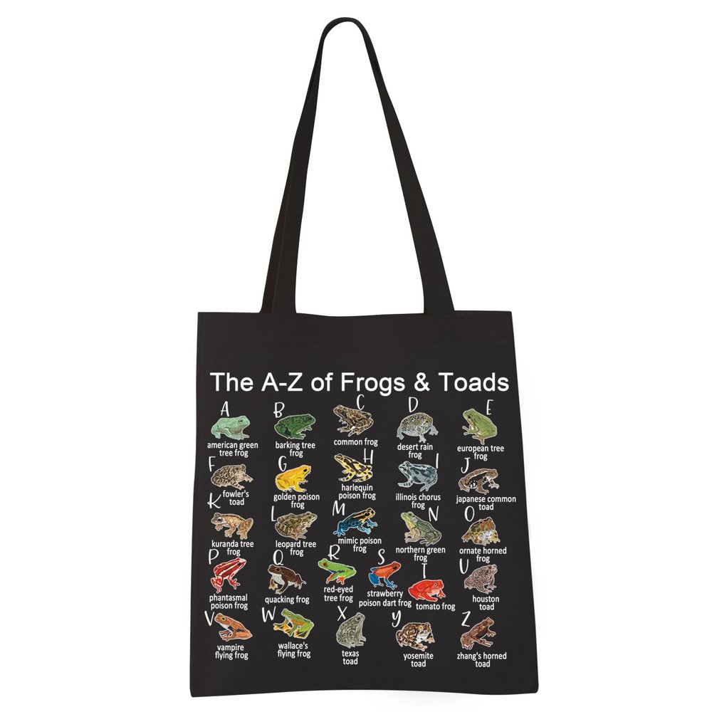 VAMSII Frog and Toad Tote Bag - The A-Z of Frogs & Toads Grocery Shopping Bag - Aesthetic Bag for Women Girls (BLK)