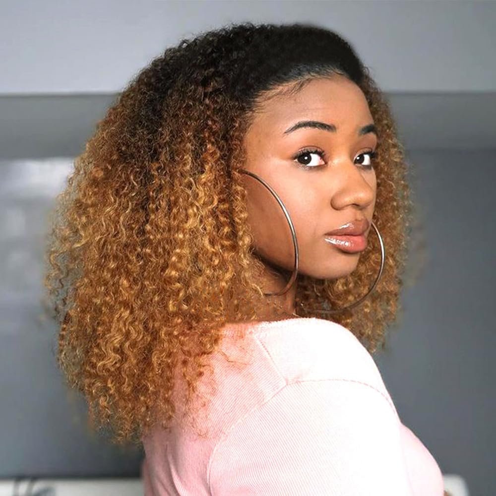 Mongolian Afro Kinky Curly Bundles Ombre Human Hair Bundles 14 16 18 Inches T1B/30 Brown 4B 4C Afro Kinky Bulk Human Hair Virgin Hair Curly Weave Bundles for Black Women Weave Weft