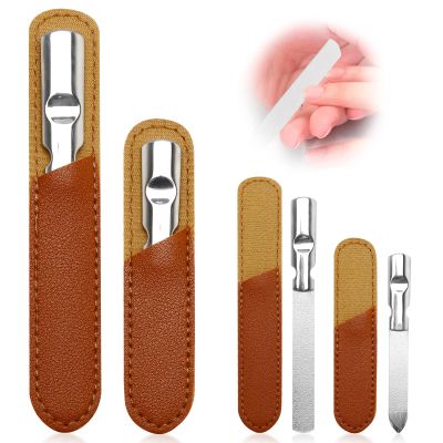 2 Pcs Stainless Steel Nail File Double Sided Nail File with Anti-Slip Handle and Leather Case Reusable Manicure Filer for Women Men