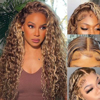 Ladoux Ombre Honey Blonde 13x6 HD Transparent Water Wave Lace Front Human Hair Wigs for Women 180% Density 4/27 Colored Highlight Curly Glueless Wigs 18Inch Pre Plucked with Baby Hair