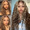 Ladoux Ombre Honey Blonde 13x6 HD Transparent Water Wave Lace Front Human Hair Wigs for Women 180% Density 4/27 Colored Highlight Curly Glueless Wigs 18Inch Pre Plucked with Baby Hair view 4