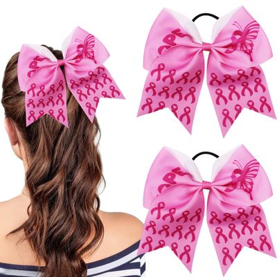 2PCS Pink Hair Bows Breast Cancer Awareness Girls Cheer Bows Large Ponytail Pink Hair Bows For Girl with Elastic Hair Tie Hair Access Band Handmade for Women