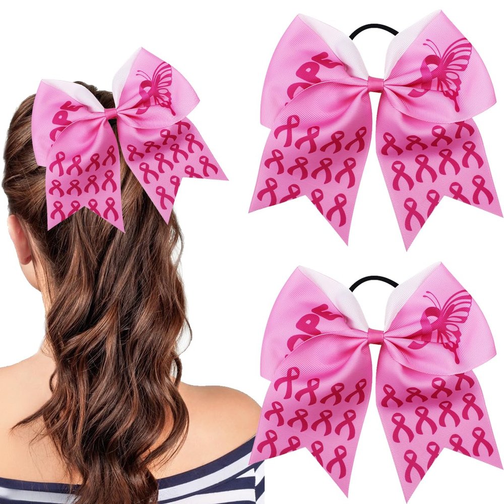 2PCS Pink Hair Bows Breast Cancer Awareness Girls Cheer Bows Large Ponytail Pink Hair Bows For Girl with Elastic Hair Tie Hair Access Band Handmade for Women