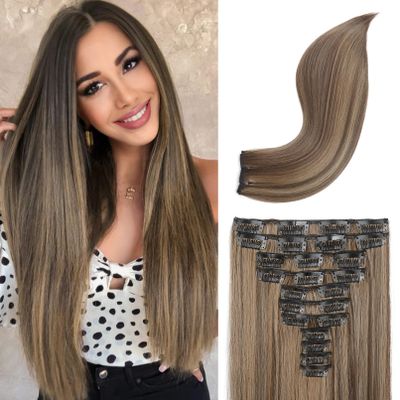 REECHO Hair Extensions, 11PCS Clip in Hair Extensions 24" Long Straight hair extensions HE005 Natural Soft Synthetic Hairpieces for Women  Chocolate Brown with Highlights