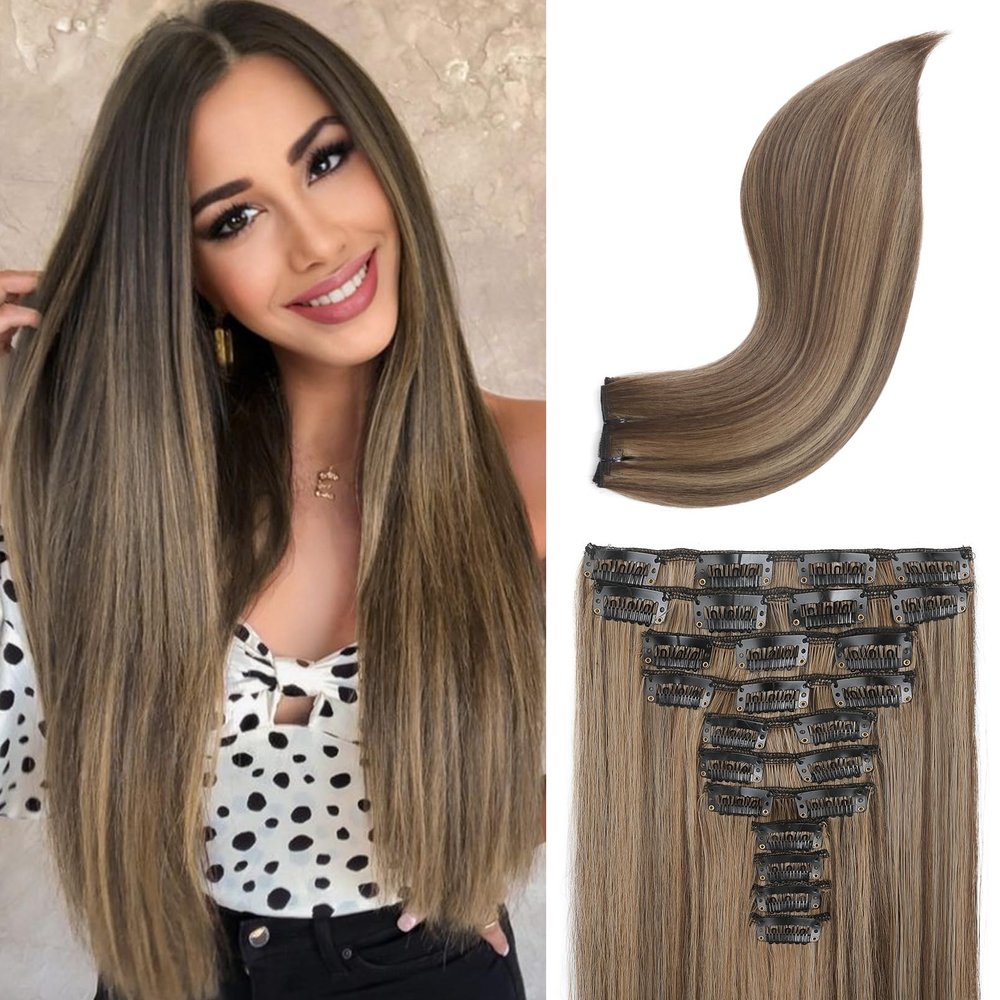 REECHO Hair Extensions, 11PCS Clip in Hair Extensions 24" Long Straight hair extensions HE005 Natural Soft Synthetic Hairpieces for Women  Chocolate Brown with Highlights