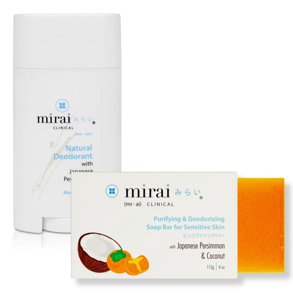 Mirai Clinical Ultimate Freshness Duo - Eliminate Nonenal Body Odor with Persimmon Power for Odor-Free Confidence - 100g Sensitive Soap Bar and 75g Unisex Deodorant (Unscented)