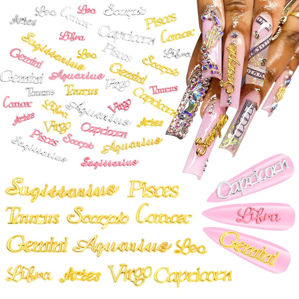 36 PCS Constellation Letters Nail Charms, 3D Gold and Silver Pink Constellation Nail Art Charms Alloy Zodiac Nail Charms Metal Nail Rhinestones Charms for Nails Women Nail Jewels for Nail Art Supplies