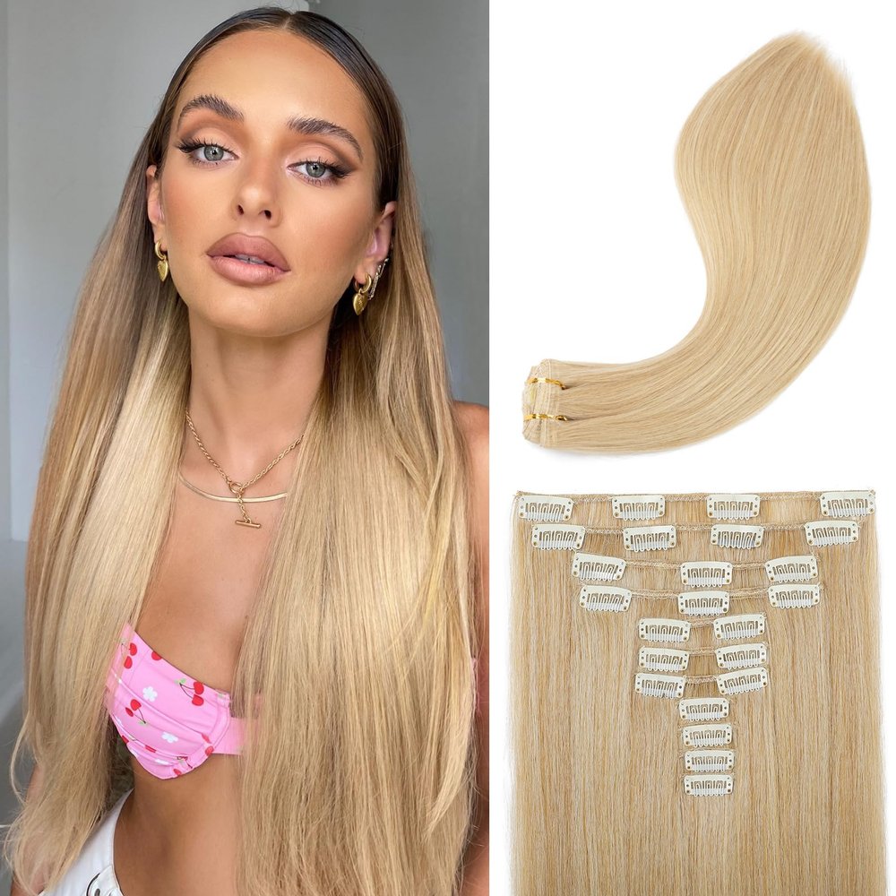 REECHO Hair Extensions, 11PCS Clip in Hair Extensions 24" Long Straight hair extensions HE005 Natural Soft Synthetic Hairpieces for Women  Golden Blonde with Highlights
