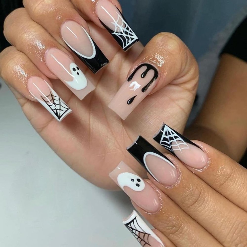 24 Pcs Halloween Press on Nails Long Coffin Fake Nails Black White French Tip Glue on Nails with Ghost Spider Web Designs Glossy Full Cover False Nails Acrylic Nails Square Stick on Nails for Women