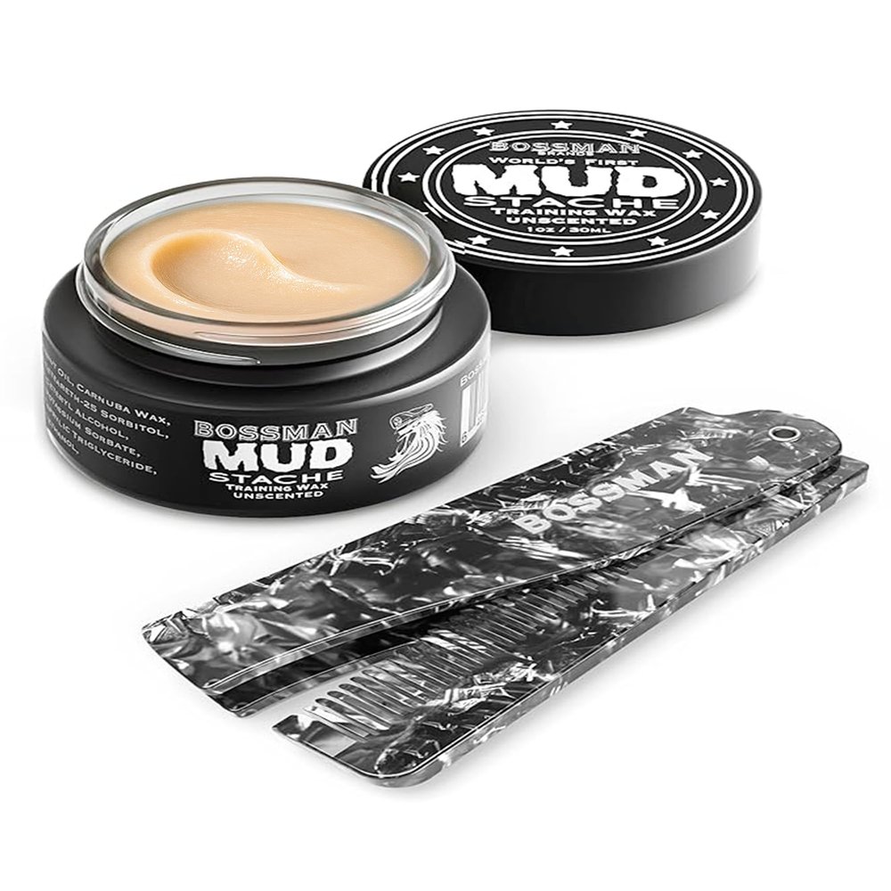 Bossman MUDstache Mustache Wax for Men + Acetate Folding Mustache & Beard Comb  Unscented Styling and Grooming Kit