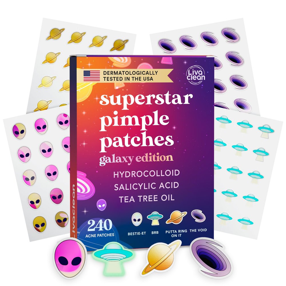 LivaClean 240 CT Superstar Pimple Patches Galaxy Edition w/Salicylic Acid & Tea Tree Oil - Pimple Patches Cute, Acne Patch for Face, Hydrocolloid Acne Patch