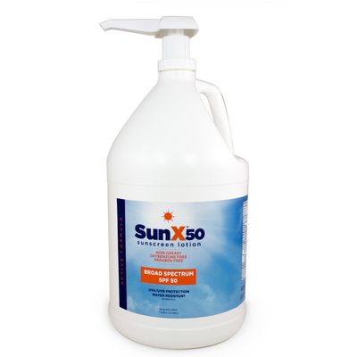 CoreTex Sun X 50 SPF Broad Spectrum Sunscreen Lotion - 1 Gallon Jug & Pump Bottle of Paraben, Oxybenzone, Octinoxate, & Oil Free Sunscreen - No White Cast and Water Resistant Up to 80 Minutes