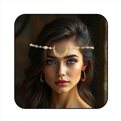 Aularso Vintage Rhinestone Head Chain Crescent Moon Headband Chain Crystal Headpieces Halloween Forehead Hair Accessories for Women and Girls (Gold-White)