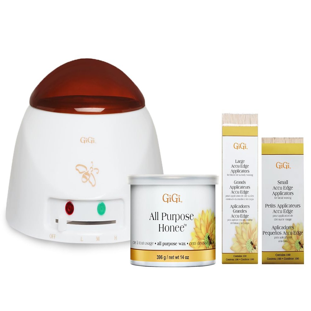 GiGi All Purpose Honee Waxing Kit for Women - Soft Wax 14oz, Multi-Purpose Warmer, Wax Sticks for Hair Removal Applicators 100 Ct Each, At-Home Waxing Kit