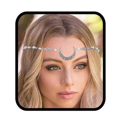 Aularso Vintage Rhinestone Head Chain Crescent Moon Headband Chain Crystal Headpieces Halloween Forehead Hair Accessories for Women and Girls (Silver-White)