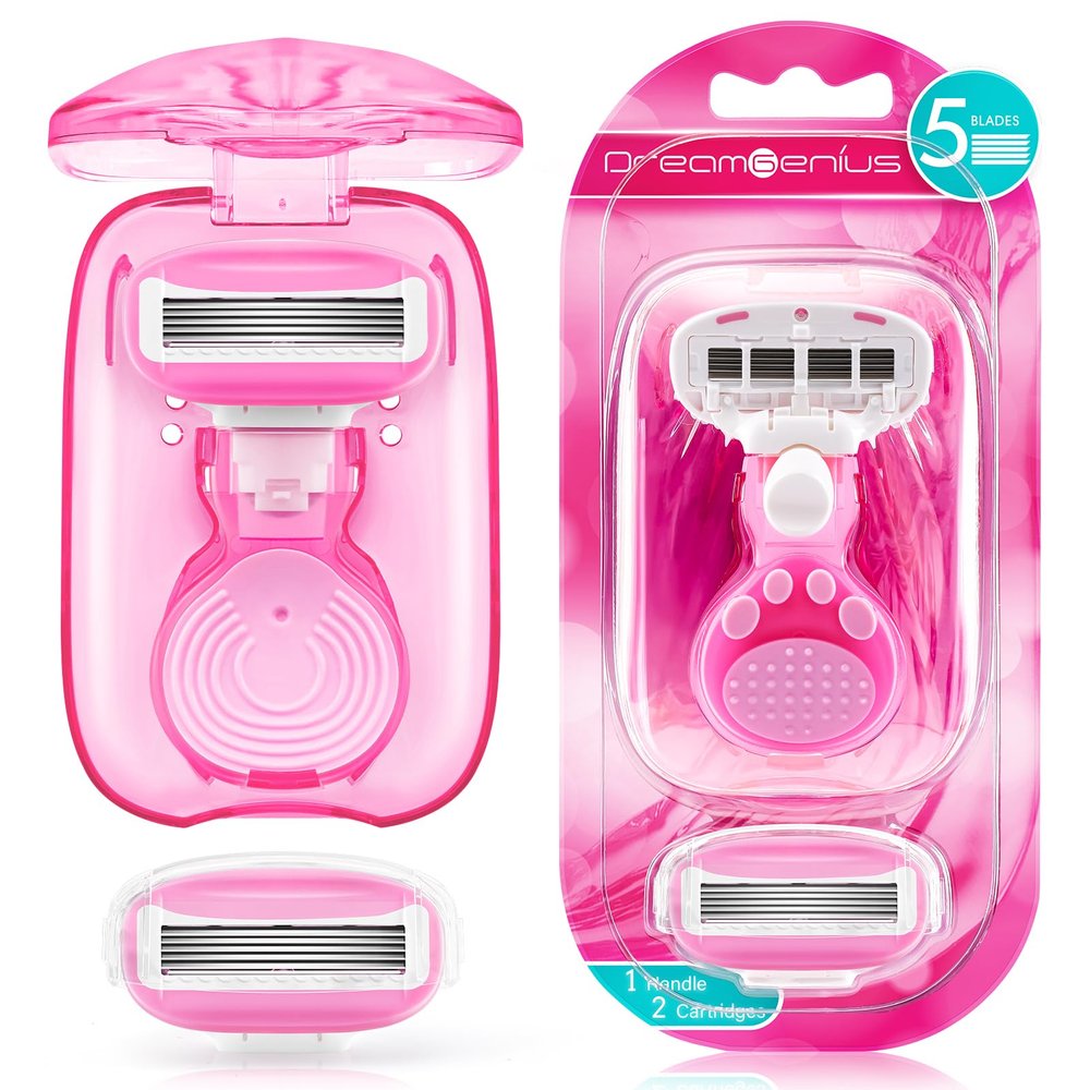DreamGenius Travel Razors for Women, Travel Size Toiletries Include 1 Handle and 2 Cartridges, Extra Smooth 5-Blade Travel Essentials Razor with Case for Shaving, Pink