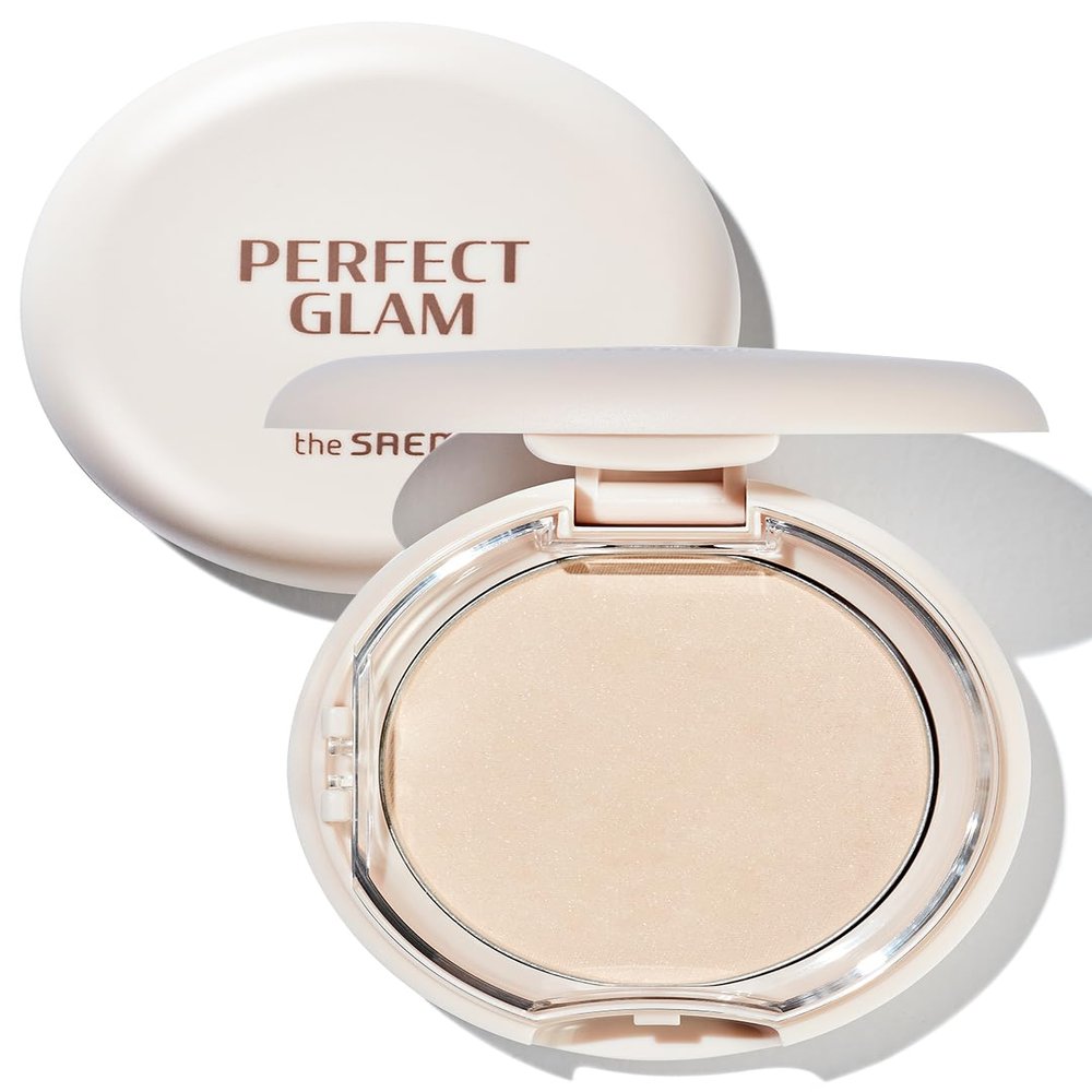 THESAEM Perfect Glam Glow Pact - Illuminating Face Powder with Colorful Pearls for Soft Radiant Glow - Sebum Control Blending Powder with Diamond & Silk - Korean Makeup Highlighter Compact