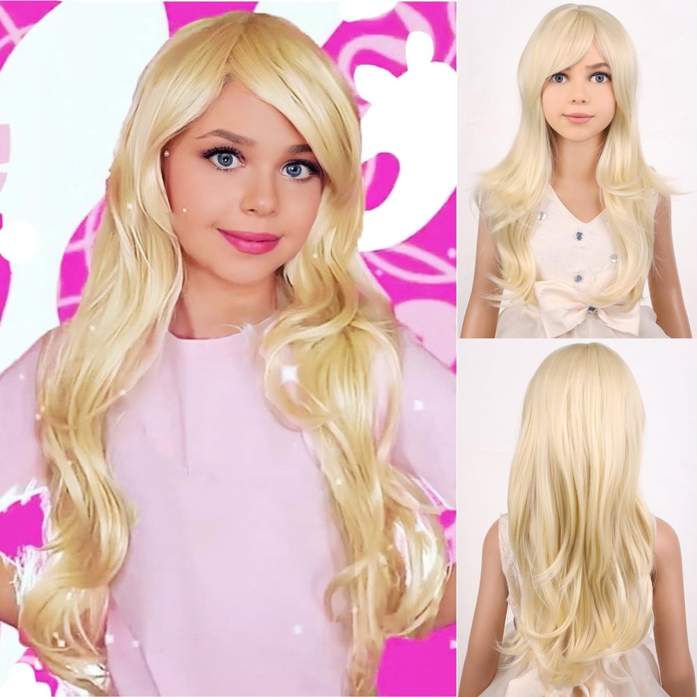 PATTNIUM Kids Girls Blonde Wig Long Wavy Light Blonde Wig for Kids Child Blonde Long Wig with Bangs Synthetic Wig with Wig Cap