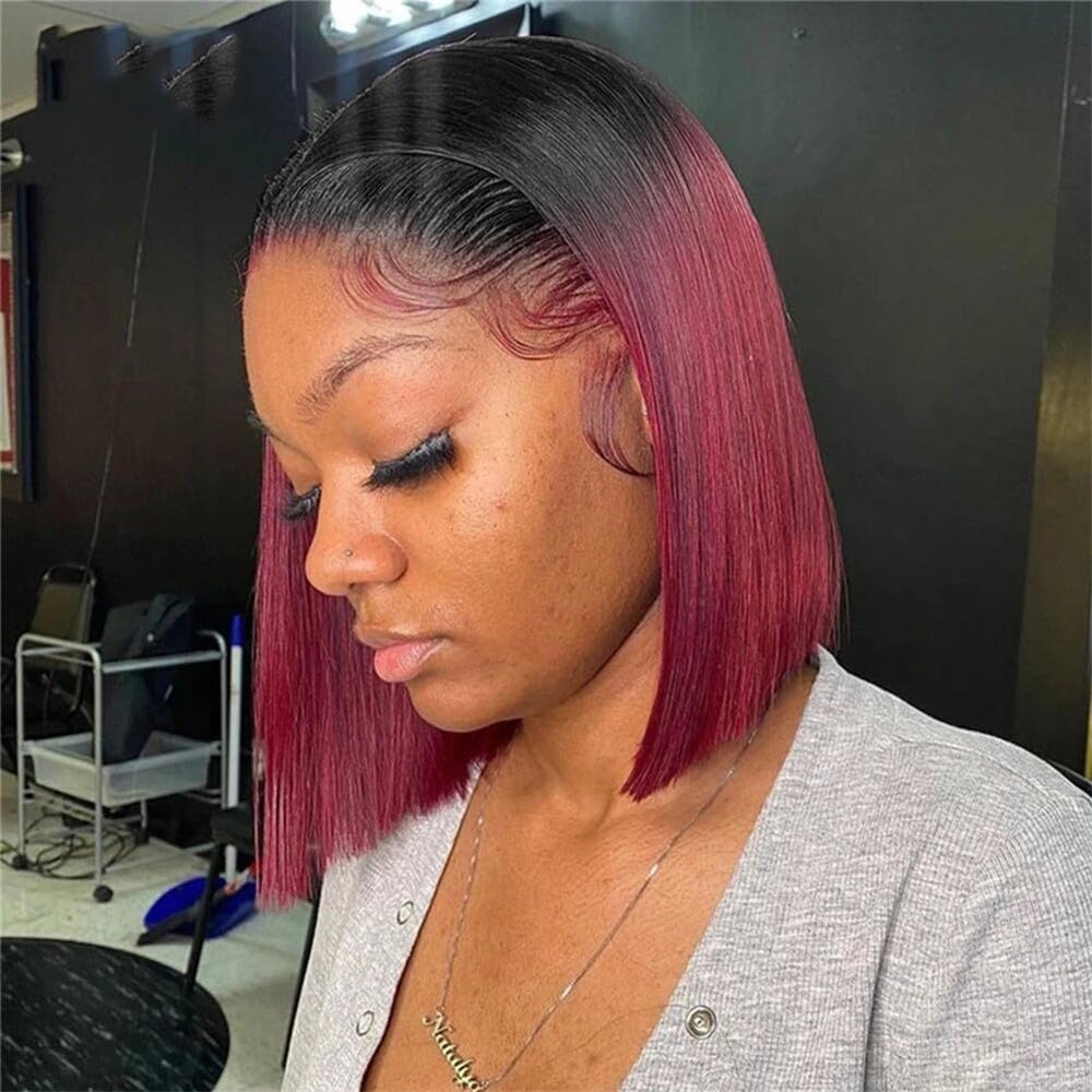 Youllyuu Brazilian Bone Straight Human Hair Wigs For Women 1B/99J Highlight Wig 13X4 Lace Frontal Short Straight Bob Wig T1B 99J 13x5x1 T Part#8inches#180%