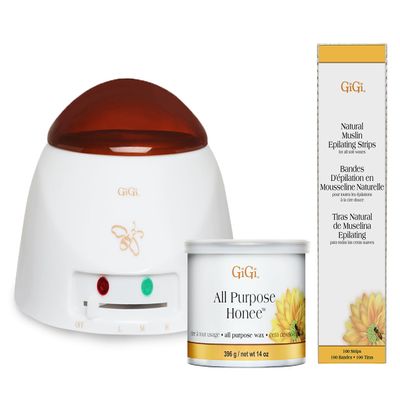 GiGi All Purpose Honee Soft Wax 14 oz, Multi-Purpose Wax Warmer and Large Natural Muslin Epilating Strips, 100 ct