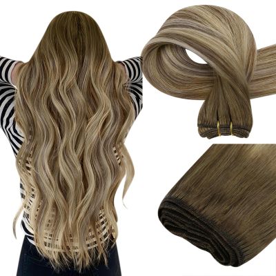 Easyouth Weft Hair Extensions Balayage Hair Extensions Sew in Dark Brown to Light Brown Ombre with Blonde Weft Hair Extension Human Hair Short Straight Hair 12 Inch 70G