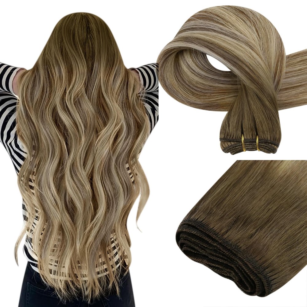 Easyouth Weft Hair Extensions Balayage Hair Extensions Sew in Dark Brown to Light Brown Ombre with Blonde Weft Hair Extension Human Hair Short Straight Hair 12 Inch 70G