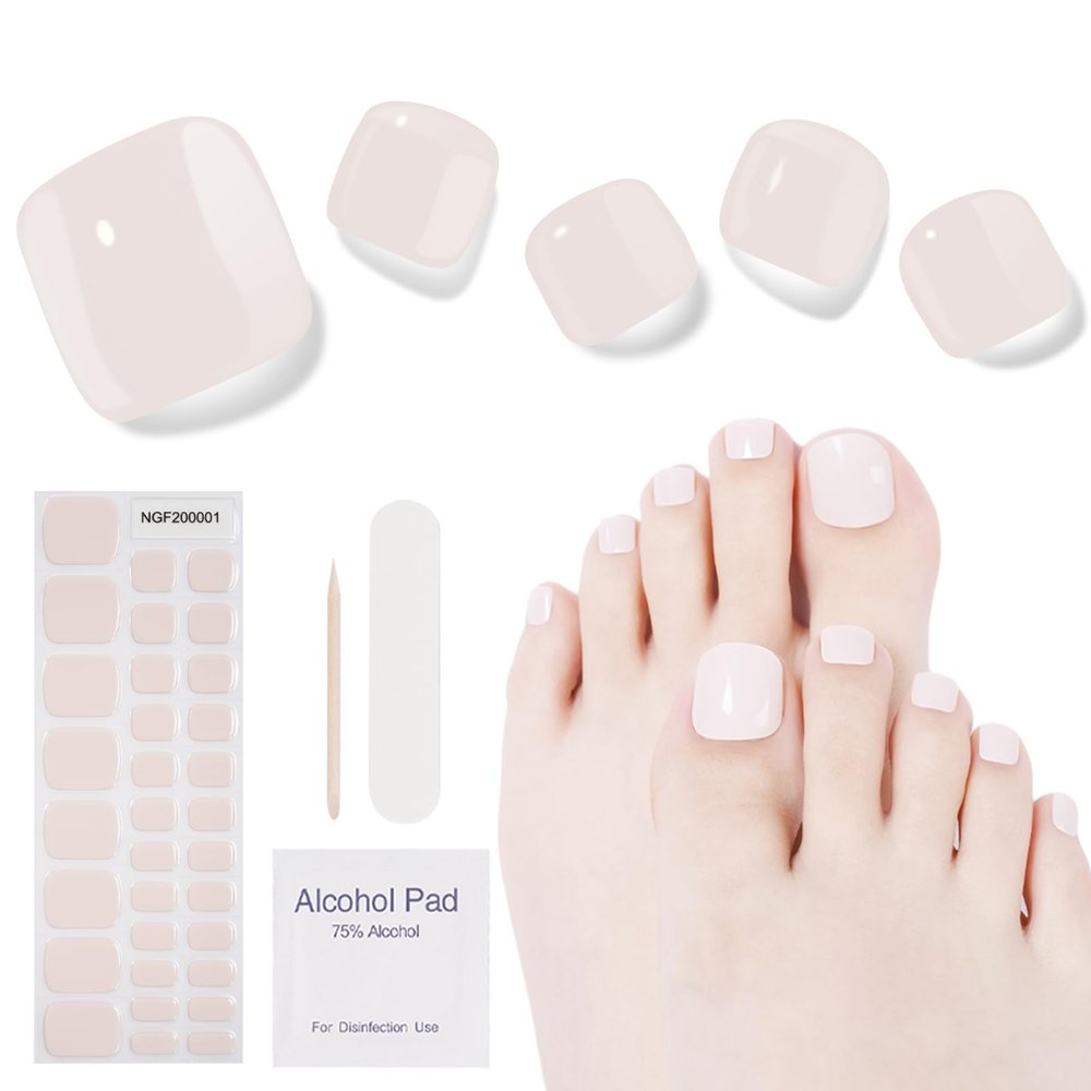 DUKASOU Semi Cured Gel Pedicure Strips, 32 Solid Color Gel Toenail Stickers Full Nail Wraps for Women Girls Kids, Includes Prep Pads, Nail File & Wood Stick (Peach Orchard)