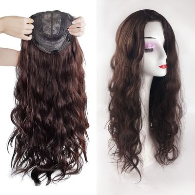 LesafeV 18x18cm Side Part Hair Topper Clip in 150% Density Cloud Wavy Wig 55cm Large Full Head Wear Toupee Silk Clouth Base (Left Part Dark Brown)