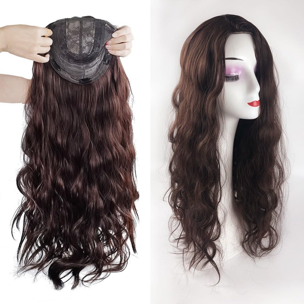 LesafeV 18x18cm Side Part Hair Topper Clip in 150% Density Cloud Wavy Wig 55cm Large Full Head Wear Toupee Silk Clouth Base (Left Part Dark Brown)