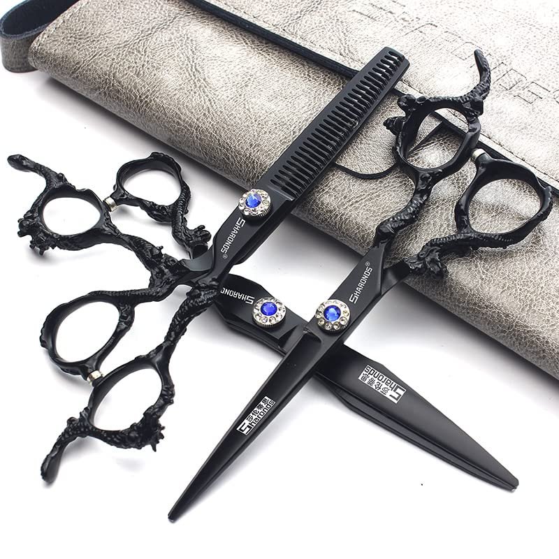 6 Inch/7/7.5/8/9 Inch sharonds Personalized Hair Scissors Cool Black Salon Hair Styling Barber Scissors Stainless Steel Barber Tool (6+7 inch 3pc)