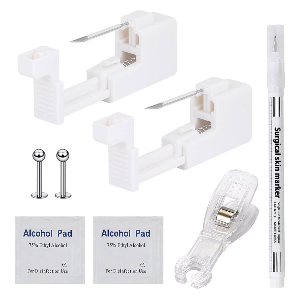 Qmcandy 2pcs Safety Painless Disposable Piercing Gun for Self Lip Piercing Kit Tool with Lip Rings