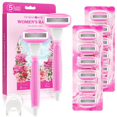 Razors for Women Include 2 Non-Slip Handles and 14 Blade Refills with a Shower Holder, 5 Premium Blades Women's Razors for Shaving with 360 Lubrication Reduces Irritation, Pink