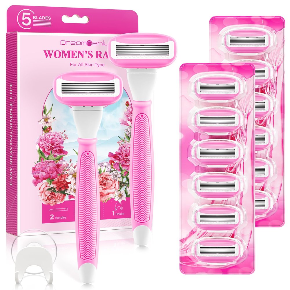 Razors for Women Include 2 Non-Slip Handles and 14 Blade Refills with a Shower Holder, 5 Premium Blades Women's Razors for Shaving with 360 Lubrication Reduces Irritation, Pink
