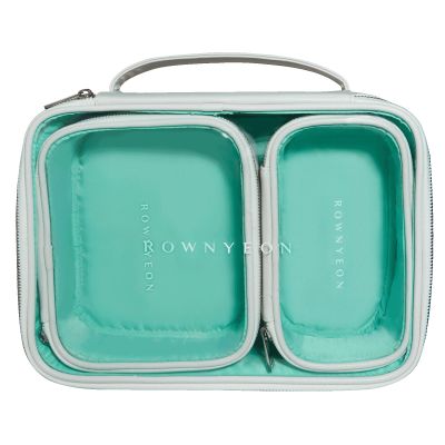 ROWNYEON 3-Piece Premium Cosmetic Organizer Set - Clear PVC & Faux Leather Storage Bags with Jewel-Tone Blue Lining, Waterproof Travel Toiletry Cases for Home/Carry-On (Jumbo/Medium/Mini)