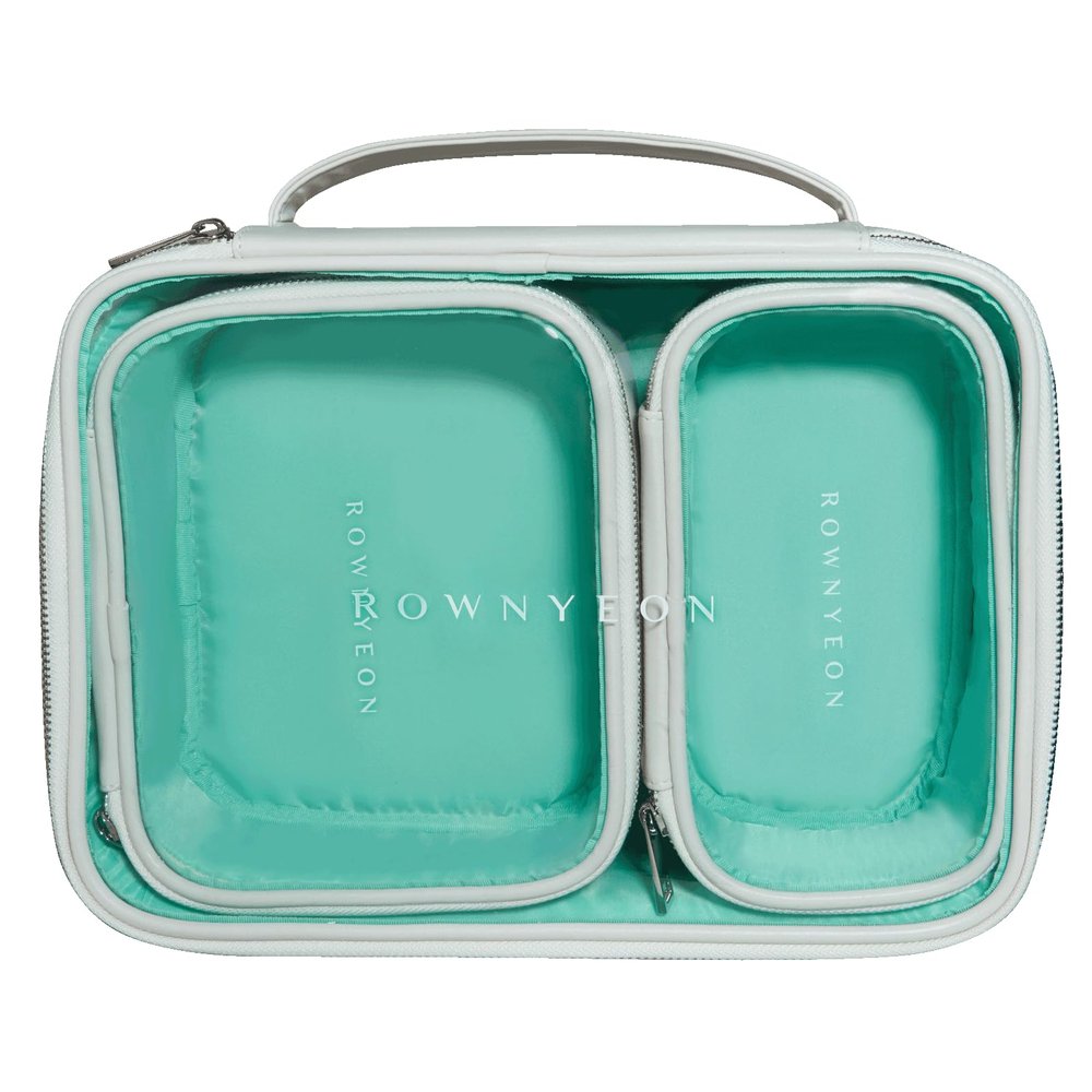 ROWNYEON 3-Piece Premium Cosmetic Organizer Set - Clear PVC & Faux Leather Storage Bags with Jewel-Tone Blue Lining, Waterproof Travel Toiletry Cases for Home/Carry-On (Jumbo/Medium/Mini)