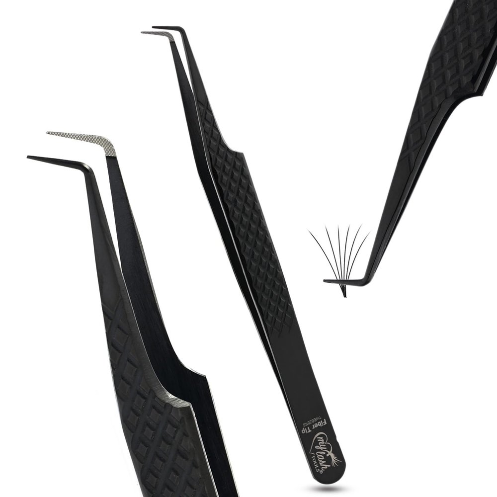 90 Degree Angle Volume Curved Tweezers for Women Fiber Tip Precision, Professional Eyelash Extension Tool, Non Slip Diamond Grip, Stainless Steel, Lash Applicator for Classic & Volume Fans (Black)