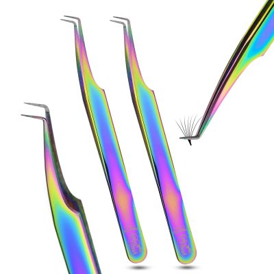 2pcs Fiber Tip Lash Tweezer Set 90 Degree Volume Eyelash Extension Tweezers, Precision Stainless Steel, Professional Isolation Tools for Classic, Volume, Mega Volume Fans, Non Slip Grip (Rainbow)