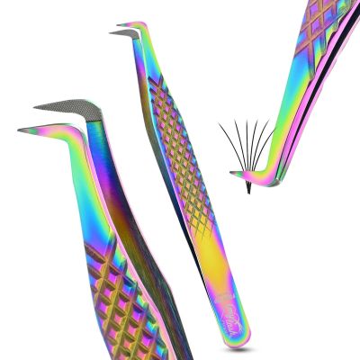 90 Degree Volume Fiber Tip Lash Tweezer  Multi Non Slip Diamond Grip, Precision Eyelash Extension Tool, Professional Stainless Steel Tweezers for Volume Fans, Classic & Mega Volume Lashes (Rainbow)