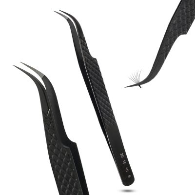Fiber Tip Lash Tweezer Curved Tip Classic & Volume Extensions Tool, Non Slip Diamond Grip, Precision Tweezers for Lash Artist, Professional Stainless Steel Isolation Applicator (Black)