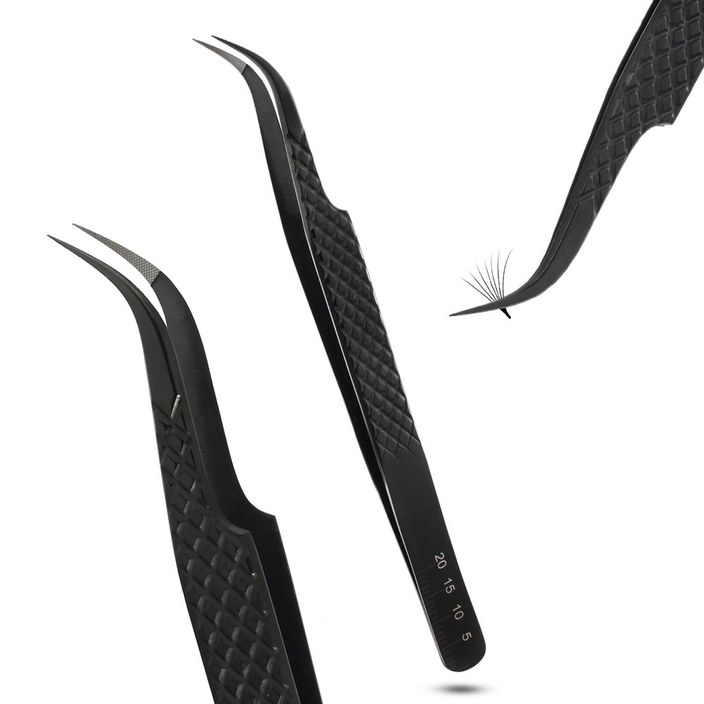 Fiber Tip Lash Tweezer Curved Tip  Classic & Volume Extensions Tool, Non Slip Diamond Grip, Precision Tweezers for Lash Artist, Professional Stainless Steel Isolation Applicator (Black)