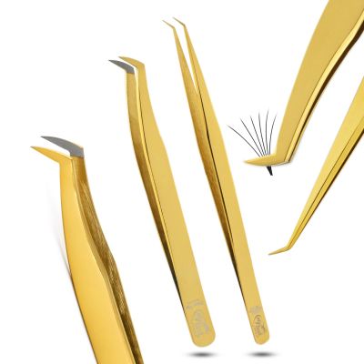 2pcs Fiber Tip Lash Tweezer Set  Boot Mega Volume Tweezer & Straight Isolation Tweezer, Precision Stainless Steel Lash Extension Tools, Non-Slip Grip, Tweezers for Classic & Volume Fans (Gold)