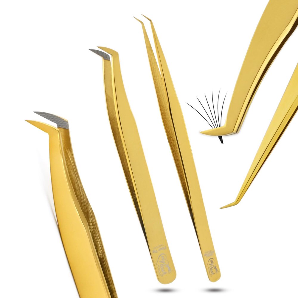 2pcs Fiber Tip Lash Tweezer Set  Boot Mega Volume Tweezer & Straight Isolation Tweezer, Precision Stainless Steel Lash Extension Tools, Non-Slip Grip, Tweezers for Classic & Volume Fans (Gold)